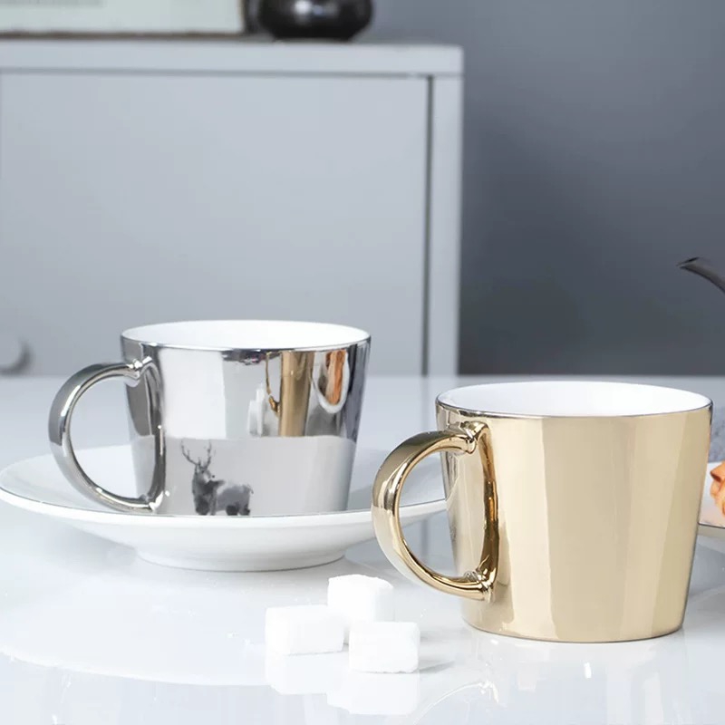 Plating Gold Porcelain Ceramic Mirror Reflection Espresso Coffee Mug Cup and Saucer