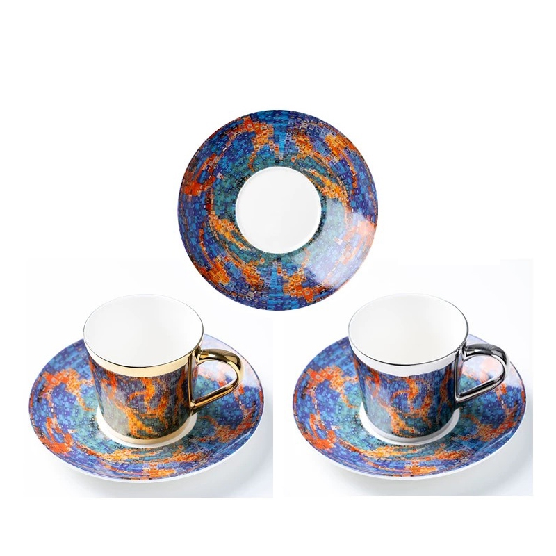 Electroplated Mirror Reflection Cup Ceramic Arabic Coffee Cups With Saucer Set