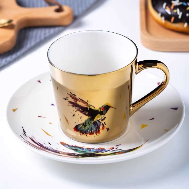 Animal Image Mirror Owl Reflection Cup and Saucer Gold Striped Reflective Cup