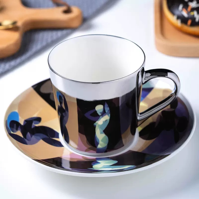Reflection Leopard Ceramic Tea Mug With Dish Home Gold Silver Titanium Mirror Coffee Saucer Cup Set