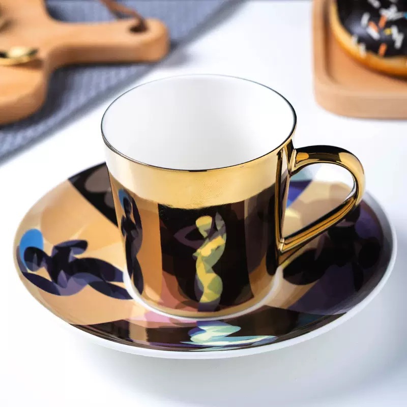 Ceramic Reflection Mirror  Coffee Mug Minimalist Design Gold Rim Porcelain T Coffee Set with Cup 