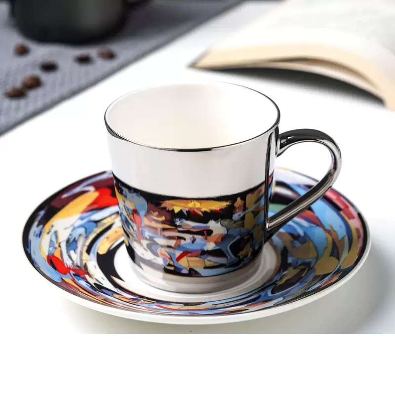 Bulk Custom Mirror Decoration Golden Silvery Electro Plated Porcelain Espresso Coffee Cups Set Custom Reflection Mirror  Coffee Cups